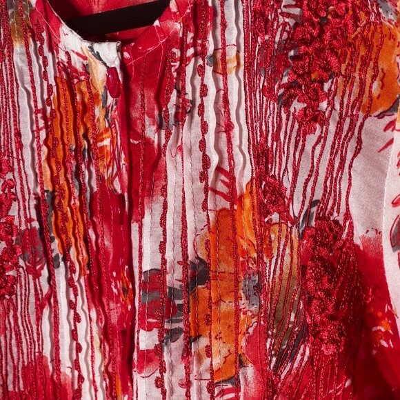 Christina M Floral Button-Up Tunic Embroidered Pin-Tuck 3/4 Sleeves Red & Orange - Picture 6 of 16